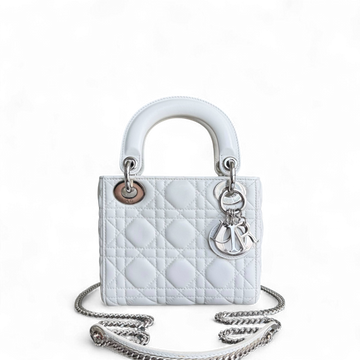 Dior Lady Mini - Cannage Lambskin White Silver Hardware Chain Strap