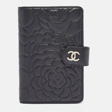 Black Leather CC Camellia French Wallet
