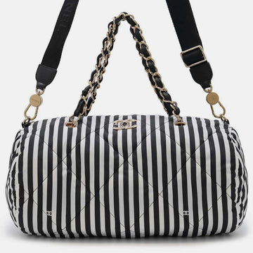 White/Black Nylon Striped Bowling Bag Large