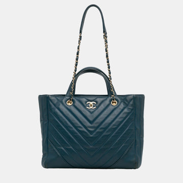 Navy Blue CC Chevron Calfskin Statement Shopping Tote