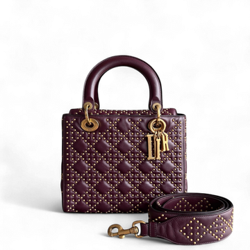 Dior Lady Medium Flap - Studded Cannage Calfskin Burgundy Red Gold Hardware