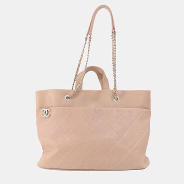 Pink Caviar Leather Large Quilted Shopping Tote Bag