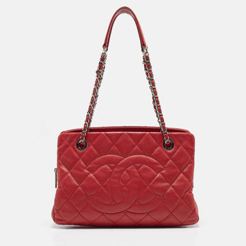 Red Quilted Caviar Leather Shopper Tote