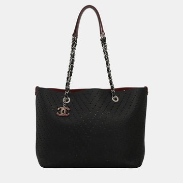 Black Caviar Perforated Leather Shopper Tote Bag