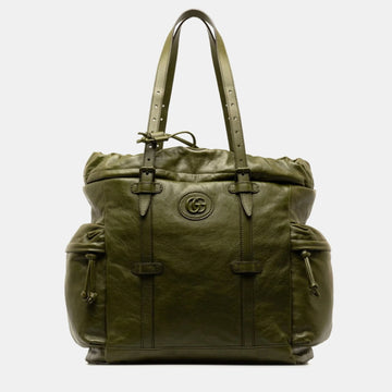 Green Leather Double G Drawstring Tote Bag