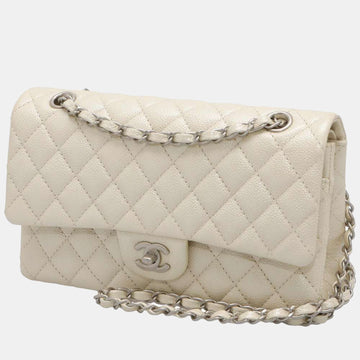 White Leather Classic Medium Double Flap Shoulder Bag