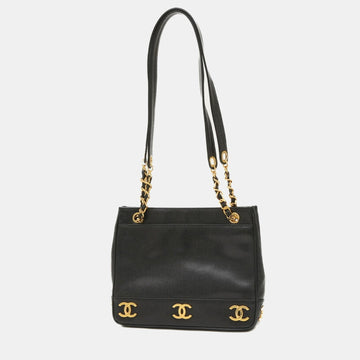 Black Caviar Leather Triple CC Tote Bag