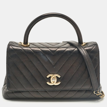 Black Chevron Leather Leather Medium Coco Top Handle Bag