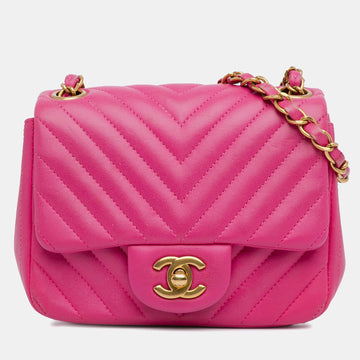 Pink Lambskin Chevron Leather Mini Square Classic Flap Bag