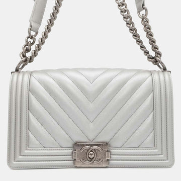 Metallic Silver Leather Chevron Medium Boy Shoulder Bag