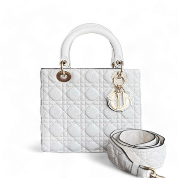 Dior Lady Flap Medium - Cannage Grained Calfskin Cream White Gold Hardware