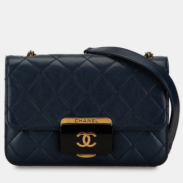 Blue Leather Mini Beauty Lock Flap Shoulder Bag