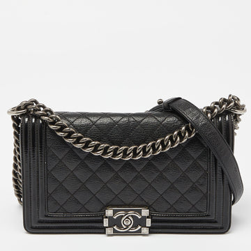 Black Quilted Patent and Leather Medium Boy Flap Bag