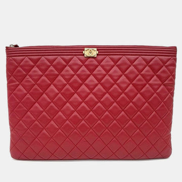 Red Quilted Lambskin Large Boy Zip Pouch