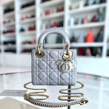 *Chain Strap* Lady Mini Cannage Lambskin Light Grey Gray Golden Hardware