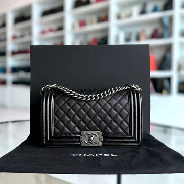 Caviar Boy Old Medium 25CM Quilted Calfskin Black Leboy Ruthenium Silver Hardware Series 25