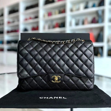 Caviar Maxi Double Flap Classic Flap Quilted Calfskin Black GHW No 14