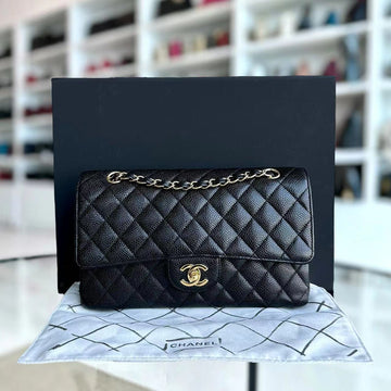 Caviar Double Flap Quilted Grained Calfskin Black Golden Hardware Series 13