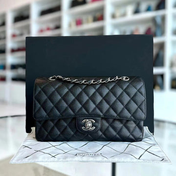 Caviar Double Flap Quilted Grained Calfskin Black Silver Hardware Series 13