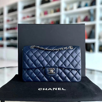 Caviar Quilted Grained Calfskin Dark Blue Silver Hardware Series 15