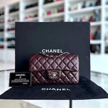 Caviar Mini Rectangular Classic Flap Quilted Grained Calfskin Burgundy Silver Hardware Series 20
