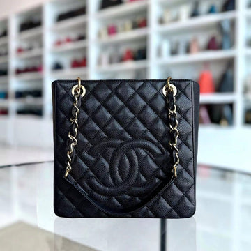 Caviar PST Petite Shopping Tote Quilted Grained Calfskin Black Golden Hardware Series 14
