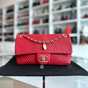 Chanel Herringbone - Chevron Medallion Seasonal Flap Red Calfskin AGHW No 21