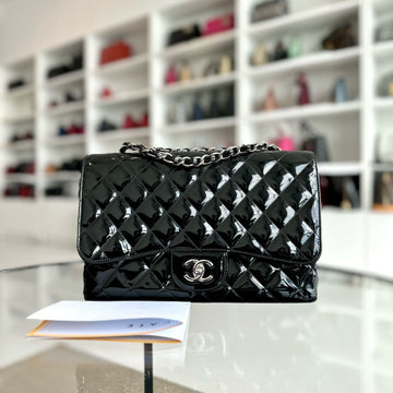 Jumbo Classic Flap Single Flap Patent Leather Black SHW No 13
