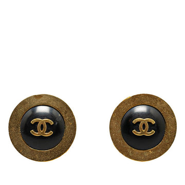 Chanel Vintage Coco Mark Button Motif Earrings Black Gold