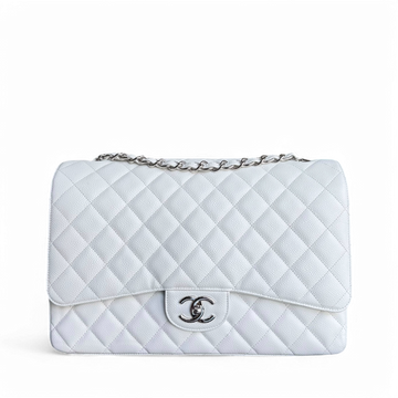 Chanel Classic Flap Maxi - Caviar Double Flap 33CM Quilted White Silver Hardware Series 14