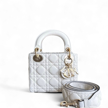 Dior Lady Mini - Grained Calfskin Cannage White Gold Hardware