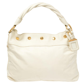 White Nylon and Leather Braided Handle Hobo