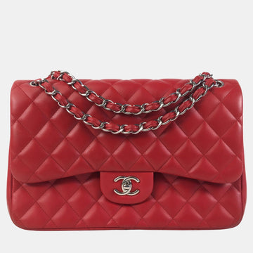Red Lambskin Leather Jumbo Classic Double Flap Shoulder Bags