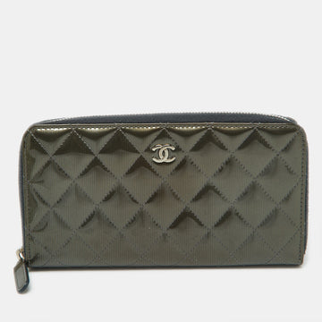 Olive Green Quilted Patent Leather Classic Zip Around Wallet