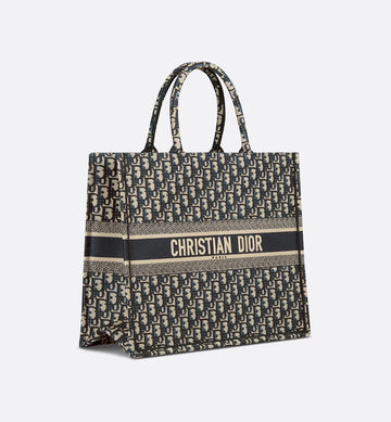 DIOR ECRU & BLUE OBLIQUE EMBROIDERY LARGE BOOK TOTE BAG