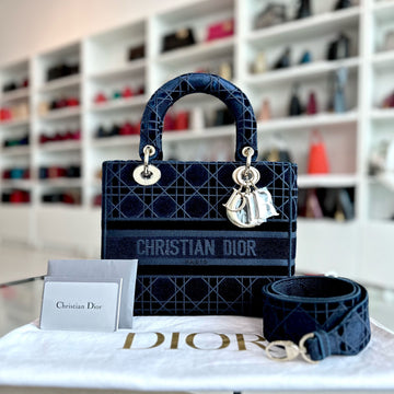 Lady D-Lite Cannage Embroidered Velvet Dark Blue GHW