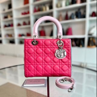Lady Medium Lambskin Bi-Color Cannage Pink Grey SHW