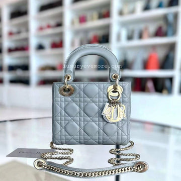 Lady Mini Cannage Lambskin Light Grey Gray Golden Hardware Chain Version