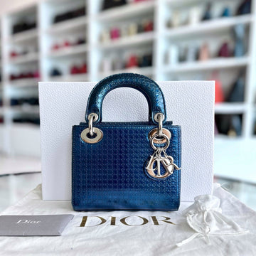 Lady Mini Micro-Cannage Glazed Calfskin Blue SHW
