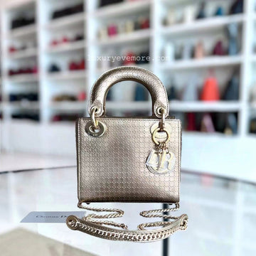 Dior Lady Mini - Micro Cannage Glazed Calfskin Gold Bronze Golden Hardware Chain Strap