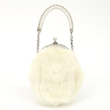 FENDI Seleria Leather Fur Flower Motif Kiss Lock Pouch Hand Bag 8BK048 Used