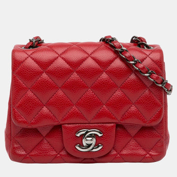Red Mini Square Classic Caviar Single Flap