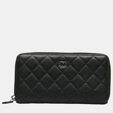 Black Leather CC Caviar Quilted Zip Wallet