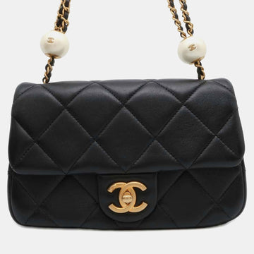 Black Lambskin Faux Pearl Matelasse Small Ball Flap Bag