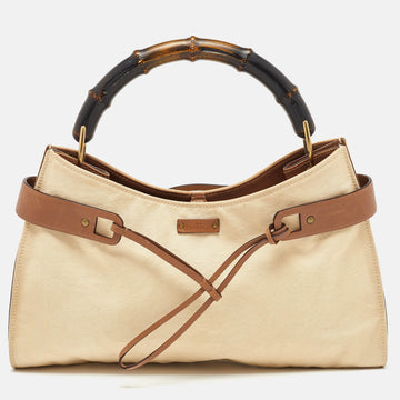 Beige/Brown Canvas and Leather Vintage Bamboo Hobo