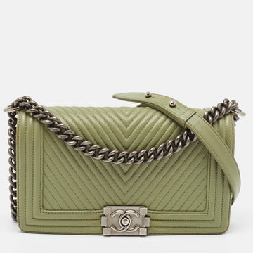 Green Chevron Leather Medium Boy Flap Bag