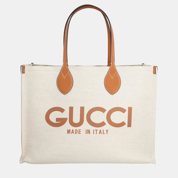 Beige/Brown Canvas and Leather Logo Tote Bag