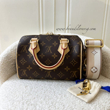 LV Speedy Bandouliere 20 in Monogram Canvas and Beige Patterned Strap