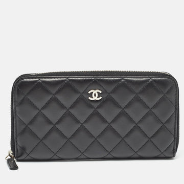 Black Quilted Leather Classic Zip Around Wallet