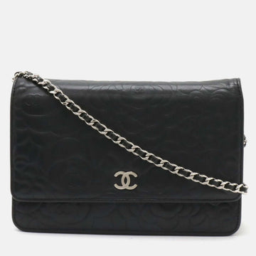 Black Lambskin Leather Camellia Chain Wallet Bag